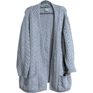 Aran Crafts 100% Merino Wool Gray Cable Chunky Knit Open Front Cardigan Sweater
